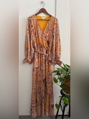 Flying Tomato Orange Brown Paisley Surplice Maxi Long-Sleeve Dress Tall Friendly